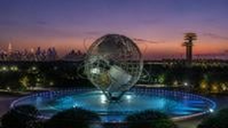 Unisphere landmark in Flushing Meadows Corona Park at dusk